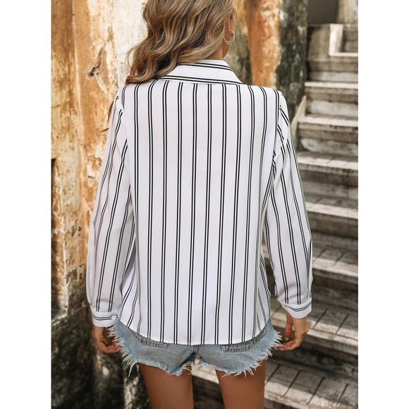 Preppy minimalist Striped Print long sleeve Button up Shirt black - Picture 10 of 10